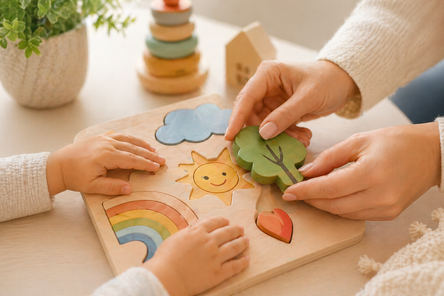 A person and a child completing a colorful wooden puzzle featuring a rainbow, sun, clouds, tree, and heart on a wooden board.