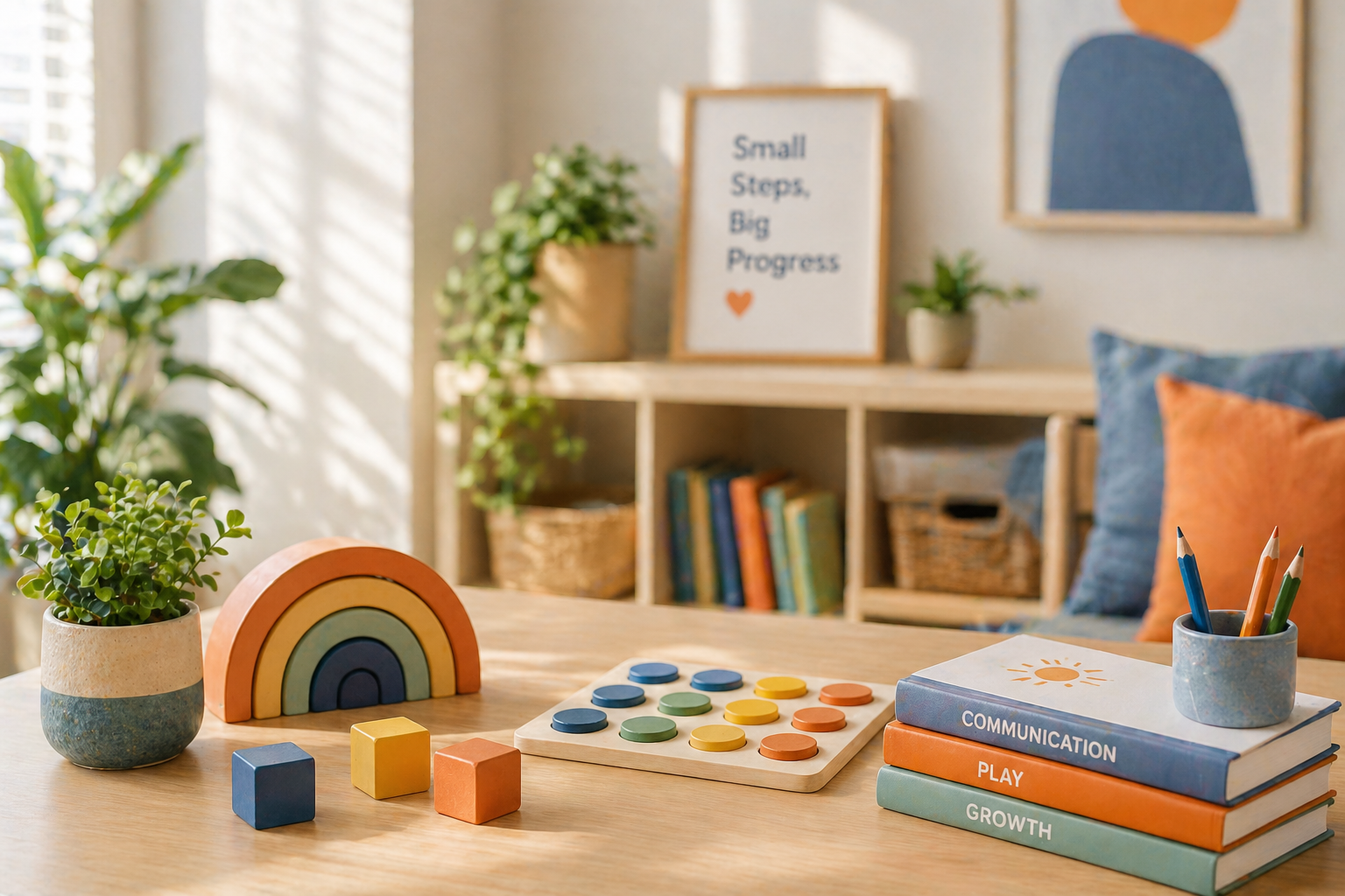A cozy, well-lit room with a wooden table displaying colorful educational toys, including a rainbow-shaped toy, blocks, and a shape sorter. There are plants, books, and a framed quote on a shelf in the background.