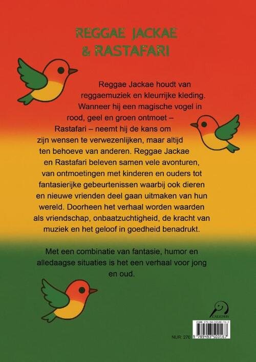Achterkant van het kinderboek Reggae Jackae en Rastafari met samenvatting en kleurrijk ontwerp
