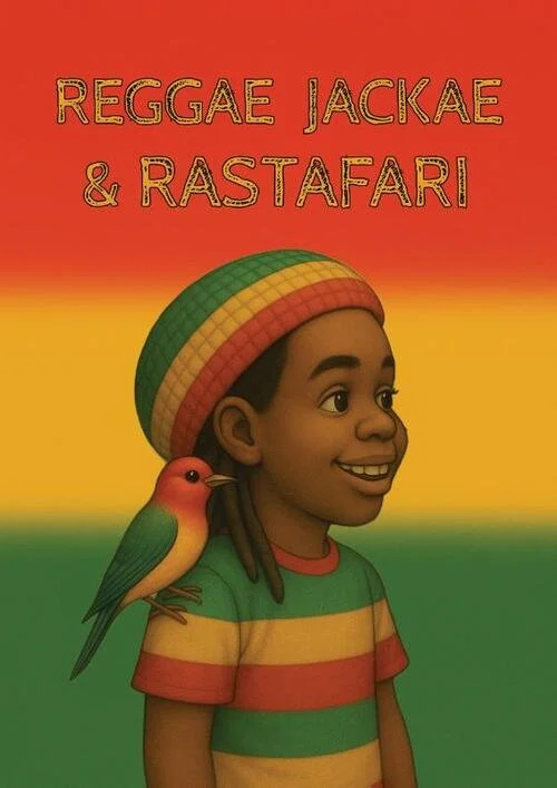 Voorkant van het kinderboek Reggae Jackae en Rastafari met kleurrijke reggae illustratie en hoofdpersonage