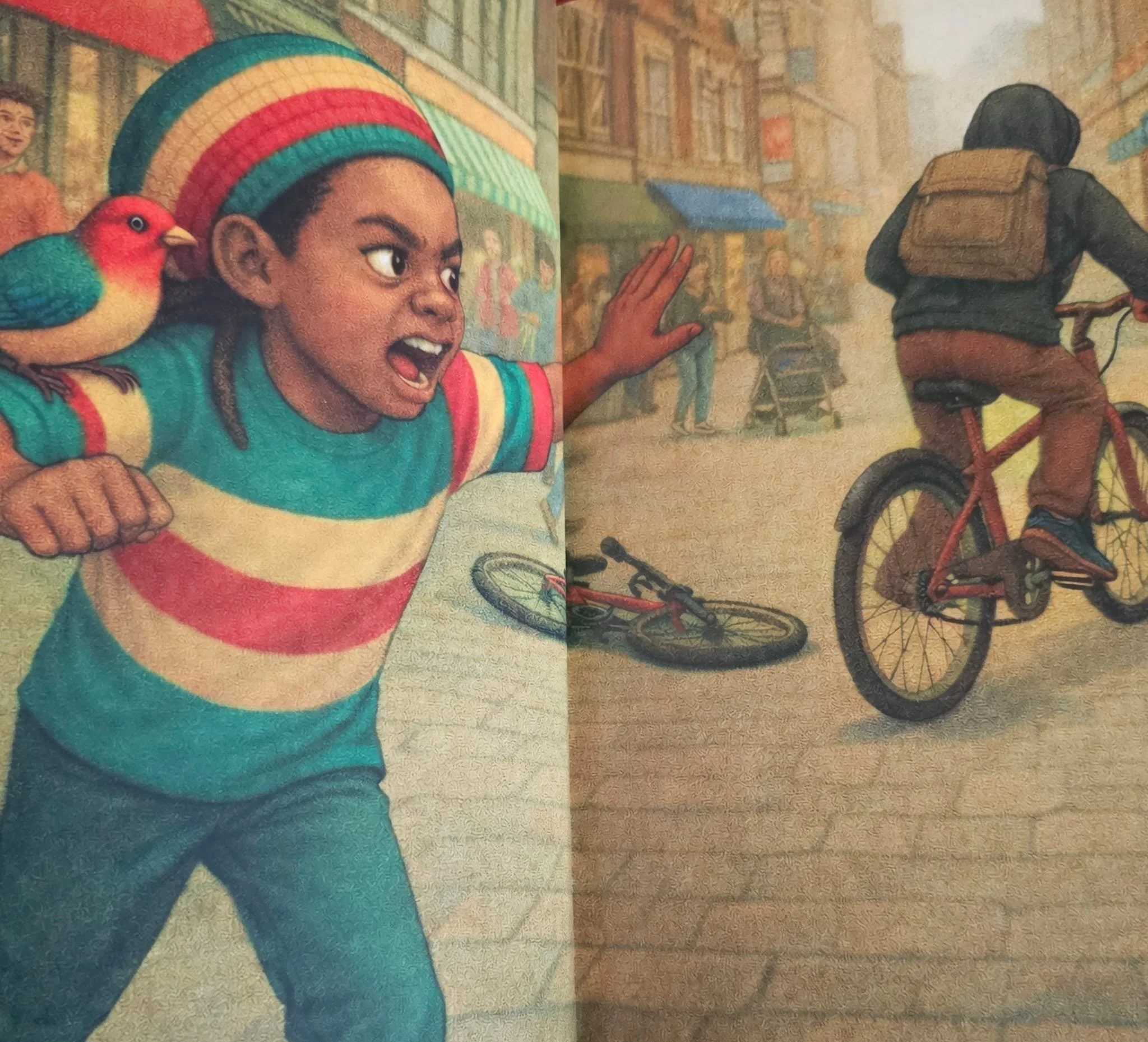 Illustratie van Reggae Jackae met vogel Rastafari tijdens een avontuurlijke scène in de stad