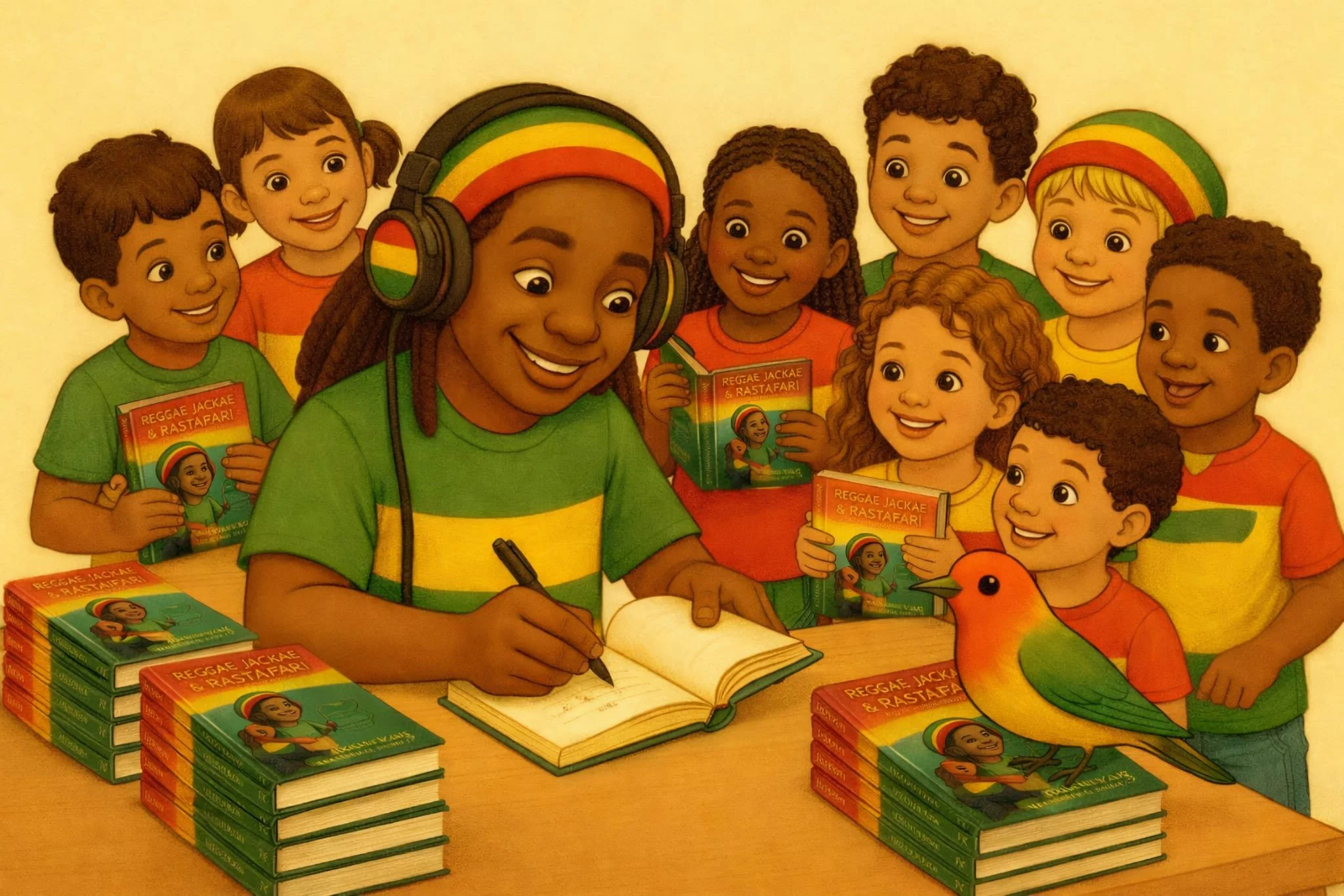 Illustratie van Reggae Jackae die zijn boek tekent en signeert voor kinderen