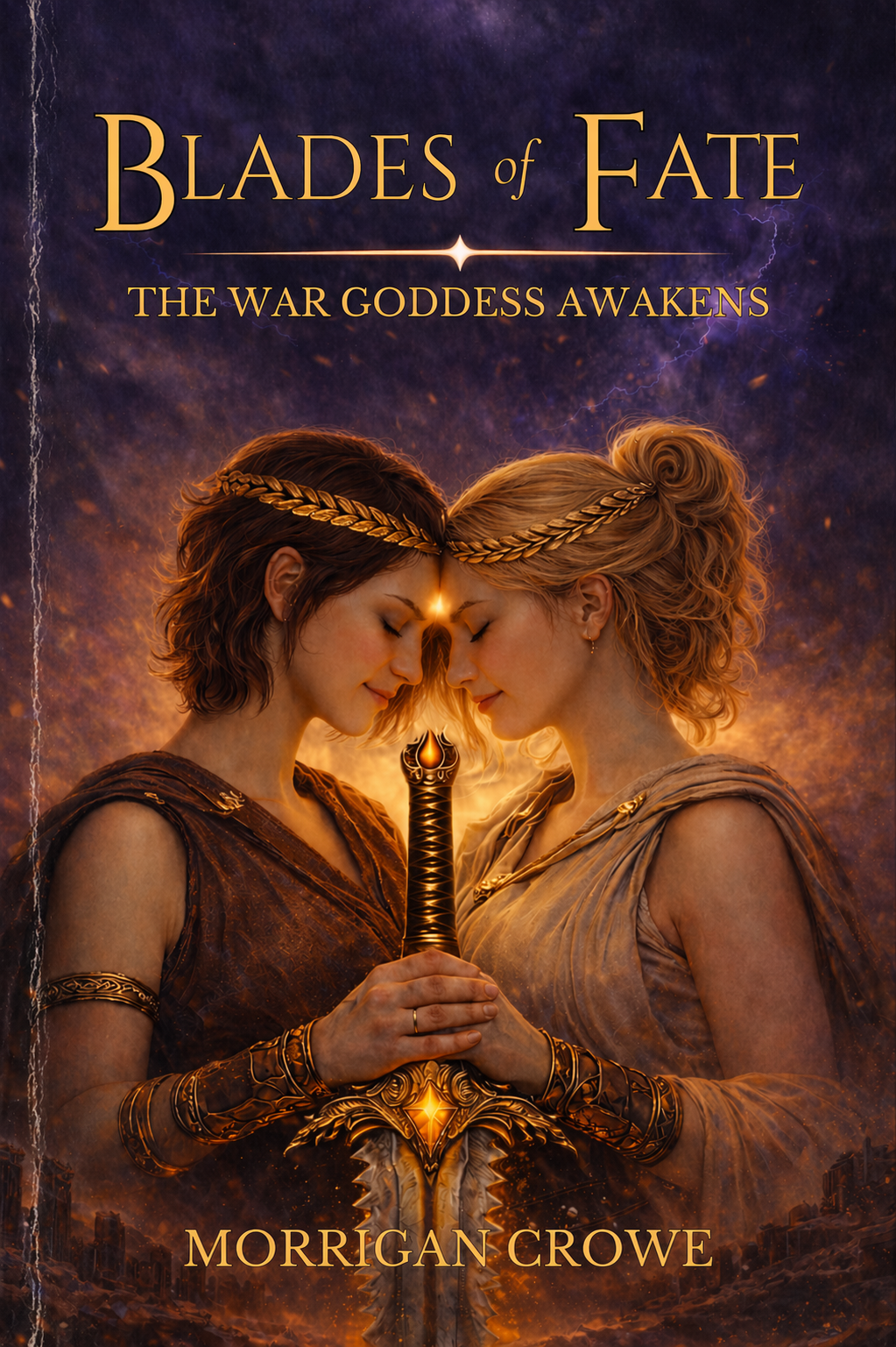 Book cover for “Blades of Fate: The War Goddess Awakens” by Morrigan Crowe featuring two women, a glowing sword, and mythic fantasy artwork.