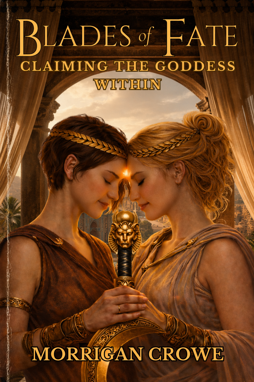 Book cover for “Blades of Fate: Claiming the Goddess Within” by Morrigan Crowe featuring two women and myth-inspired fantasy artwork.