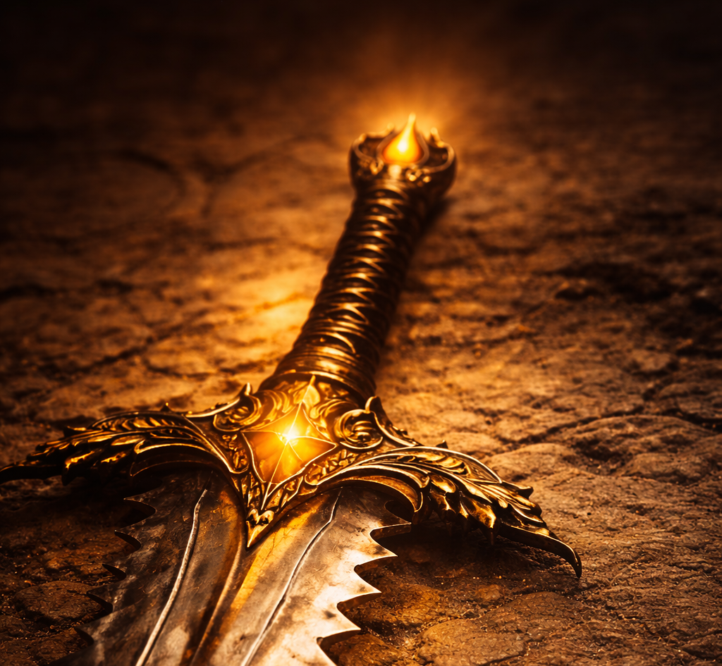 Fantasy sword with a glowing golden hilt resting on dark stone.