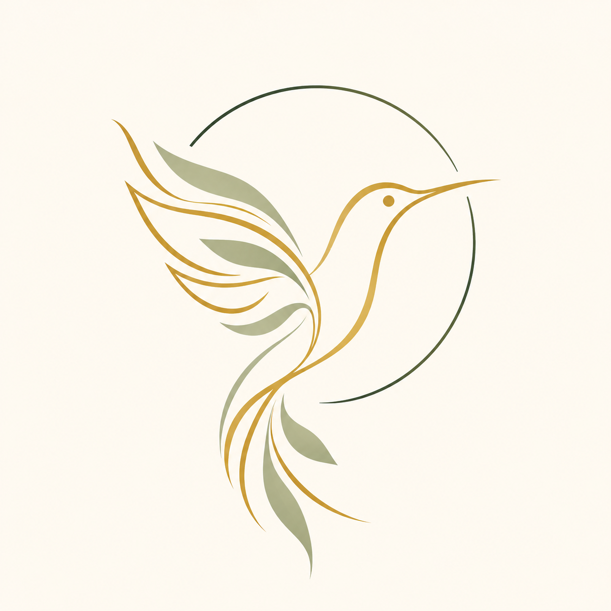 Stylized hummingbird with gold and green accents in a circular design.