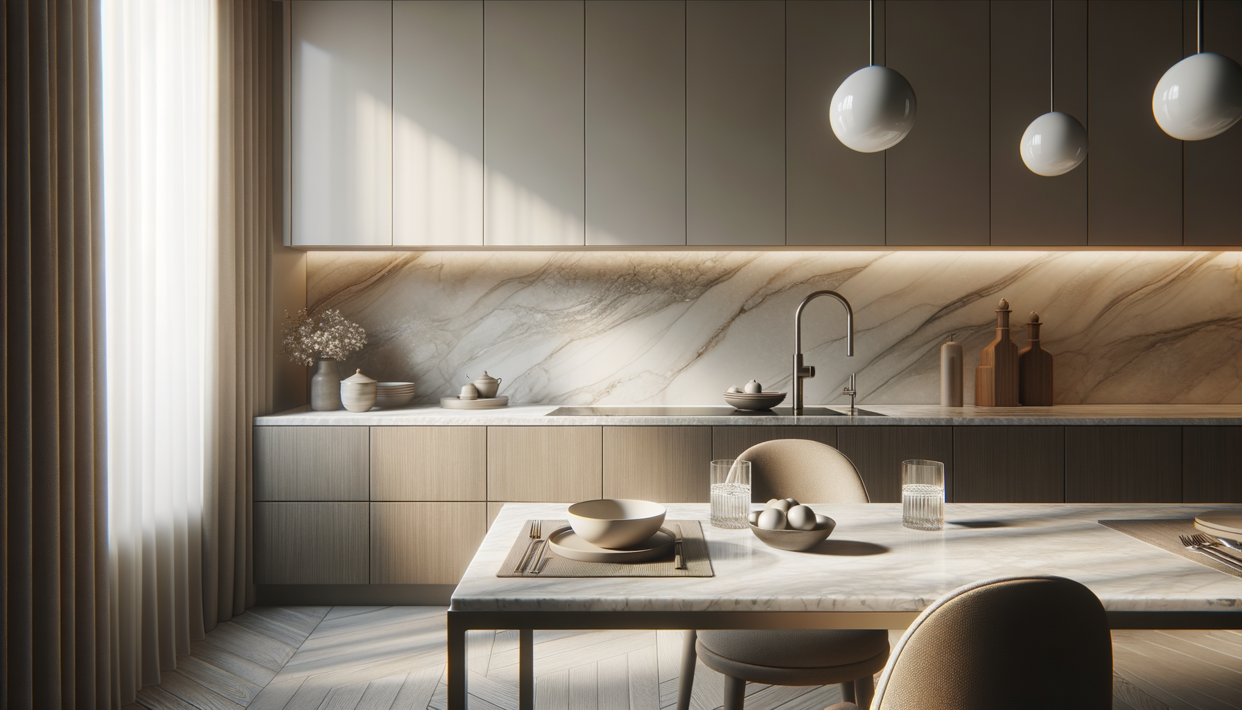 Modern kitchen with beige cabinets, marble backsplash, hanging spherical pendant lights, and a marble dining table set for a meal.