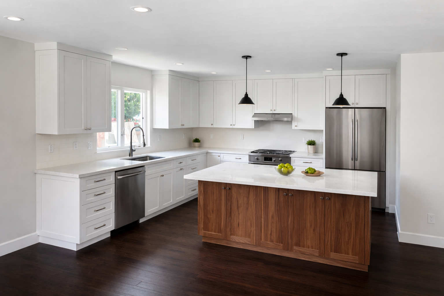 Modern kitchen with white cabinets, stainless steel appliances, dark hardwood floors, and a wooden kitchen island with a white countertop. Pendant lights hang above the island.