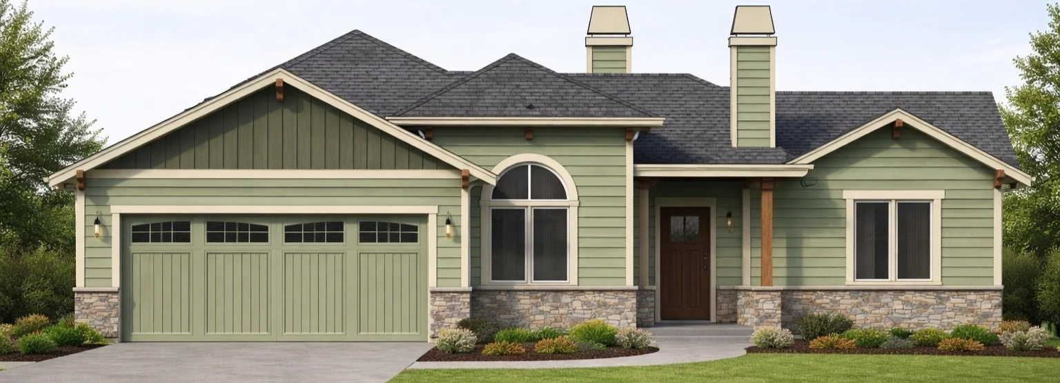 Front view of a green, two-story house with a stone foundation, attached garage, front door, and landscaped yard.