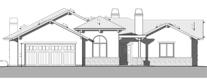 Architectural drawing of a suburban house with a two-car garage, multiple gabled roofs, and a front porch.