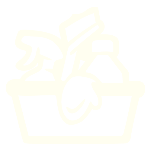 Outline of a shopping basket filled with various groceries like a bottle, a leafy vegetable, a box, and a can.