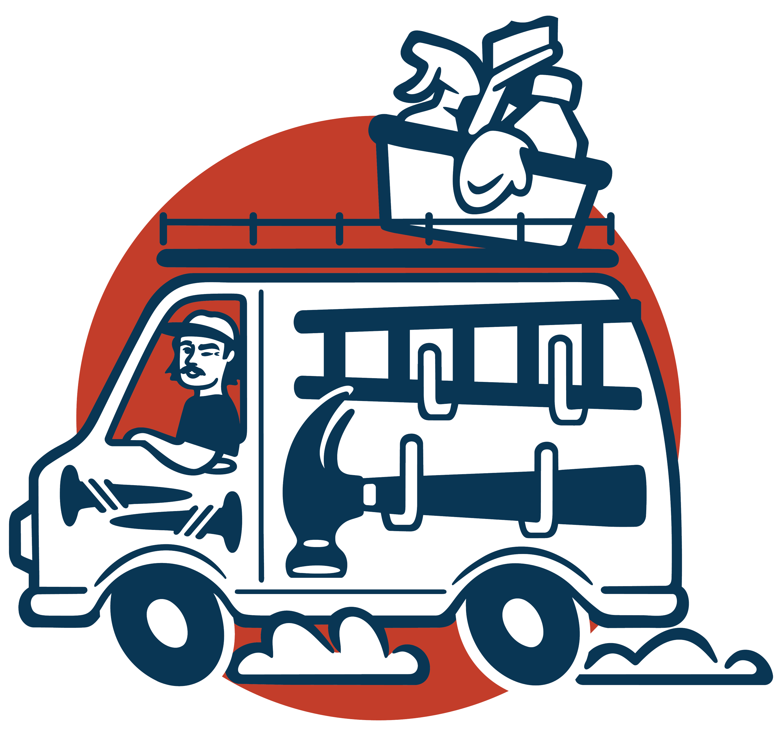 Illustration of a delivery truck with a person inside, carrying a box, on a red background