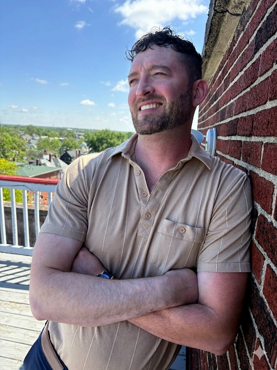 Patrick Michaud, business consultant and founder of Ascendant Advising Group, smiling with arms crossed against a brick wall in Indianapolis