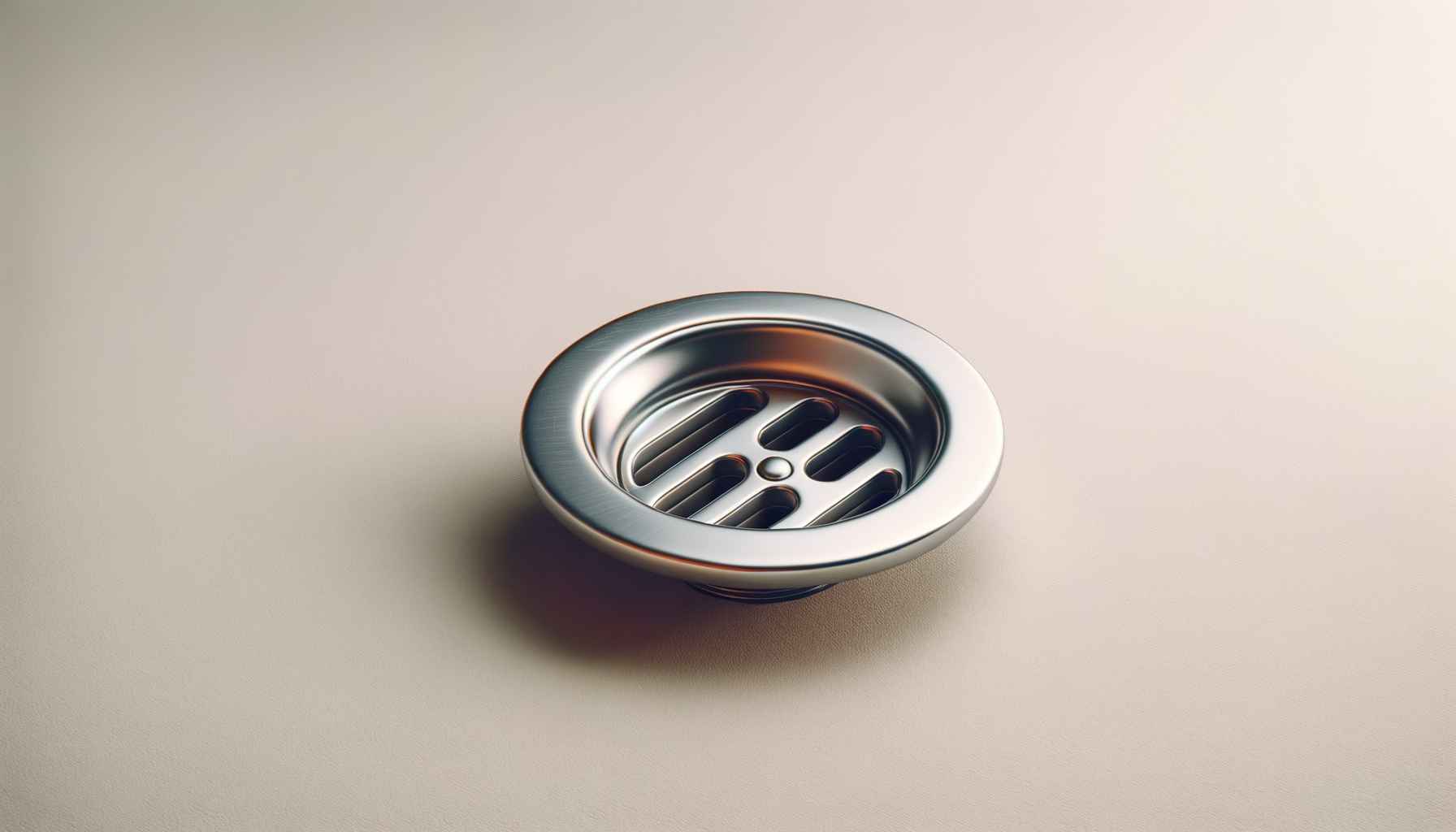 A metallic sink drain cover with a shiny, polished surface placed on a plain, light-colored surface.