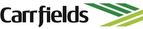 Carrfields logo with black text and green stylized lines.