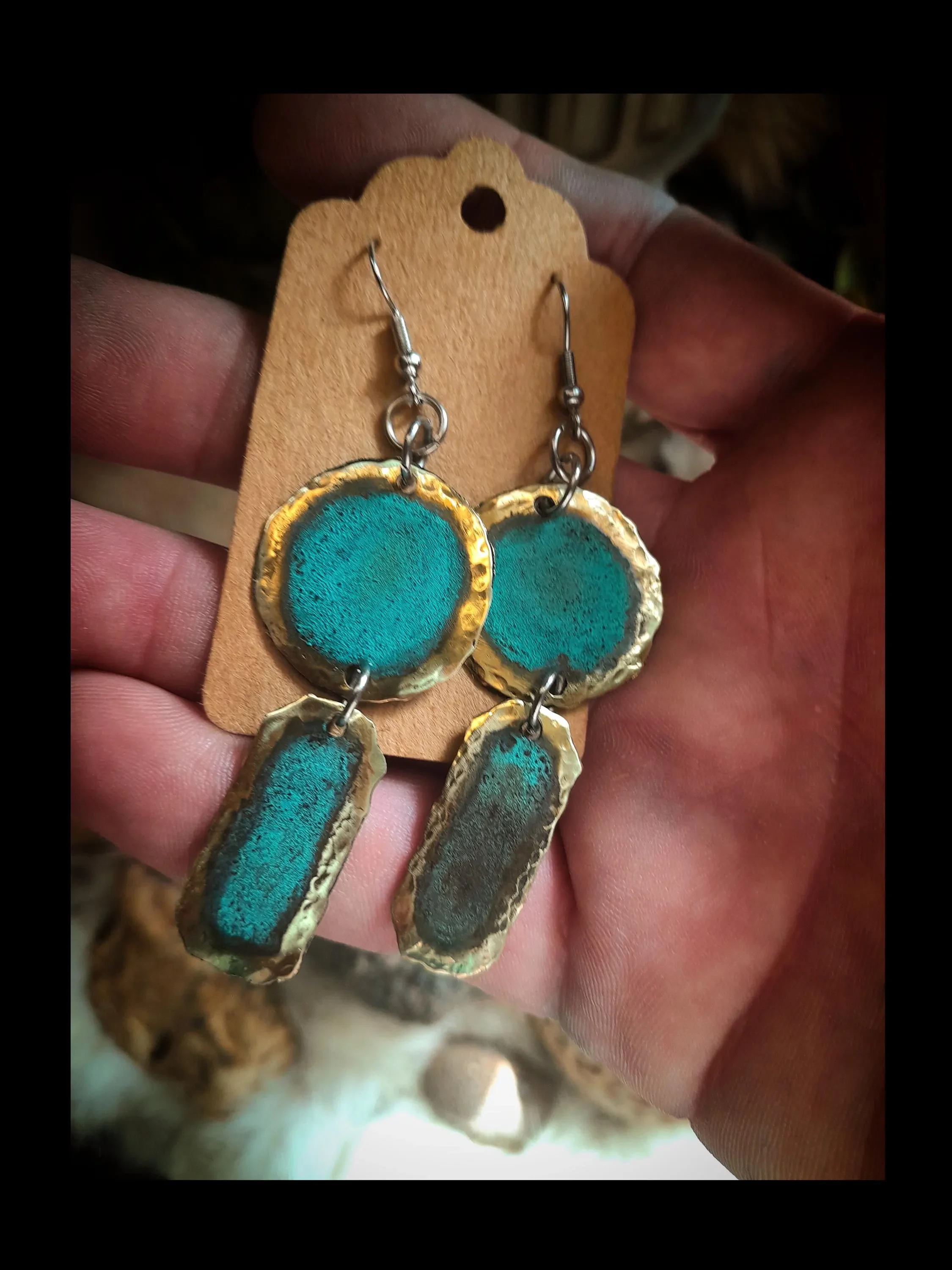 Hammered Brass Earings with Blue Patina