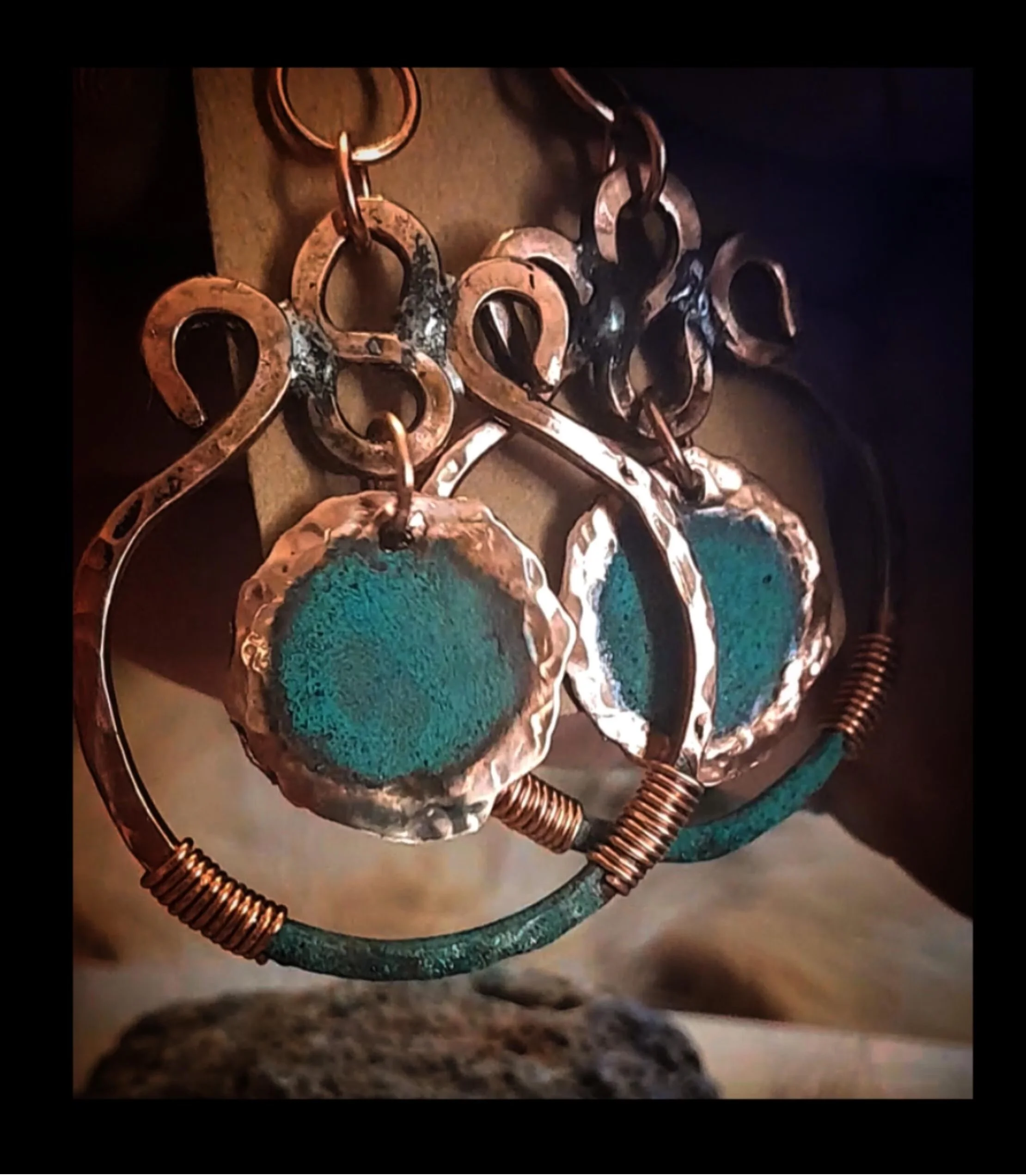 Copper Hoop Earings with Patina Dangle