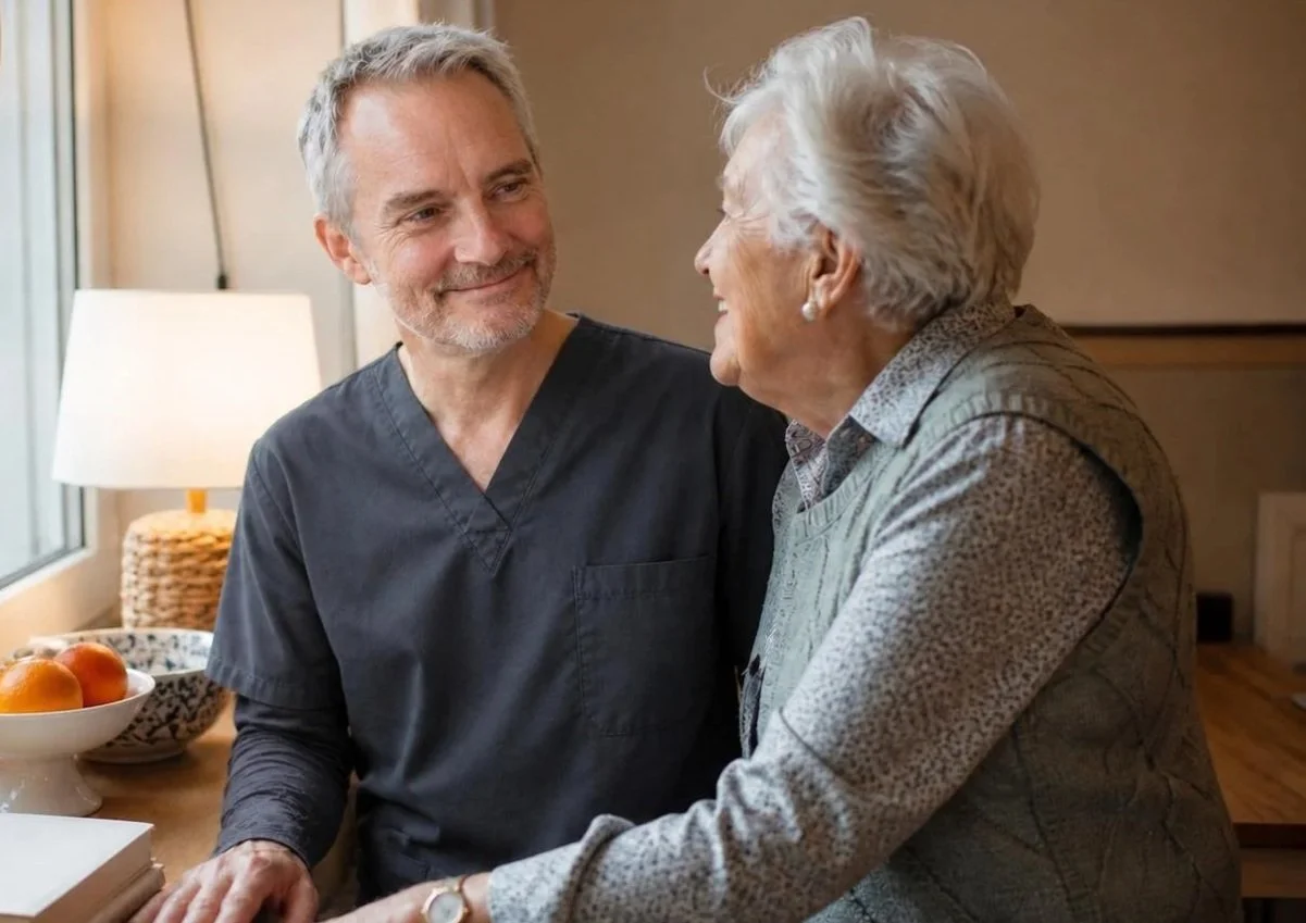 Friendly mobile ear care appointment for an older adult in a home or care setting.