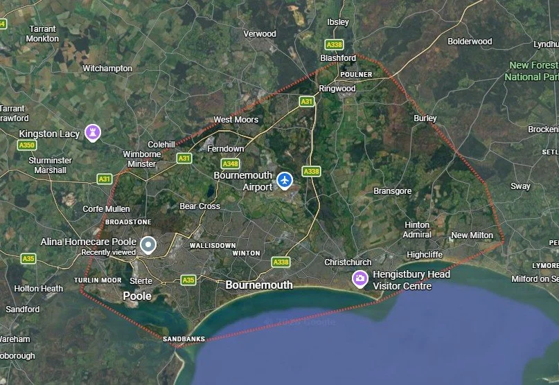 Map showing Bournemouth, England, with surrounding towns and landmarks, including Bournemouth Airport, Hengistbury Head Visitor Centre, and the coast.