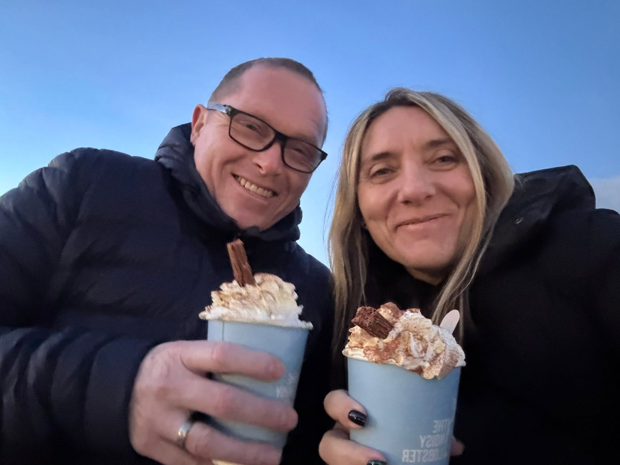 Ryan & Nicole McCormack enjoying a hot chocolate with whipped cream on Bournemouth beach
