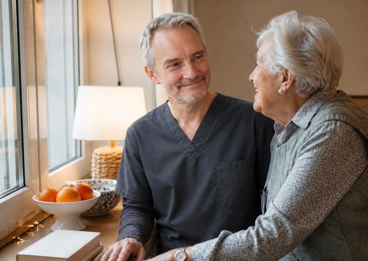 A healthcare worker in navy scrubs smiling and talking with an elderly woman with white hair, sitting by a window with a lamp and bowl of oranges on the windowsill.