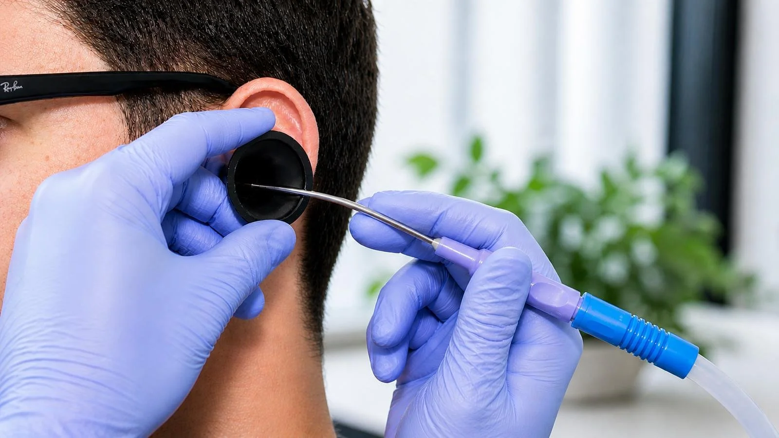 Person receiving microsuction ear wax removal, wearing blue gloves, in a clinical setting with blurred green plants in the background.