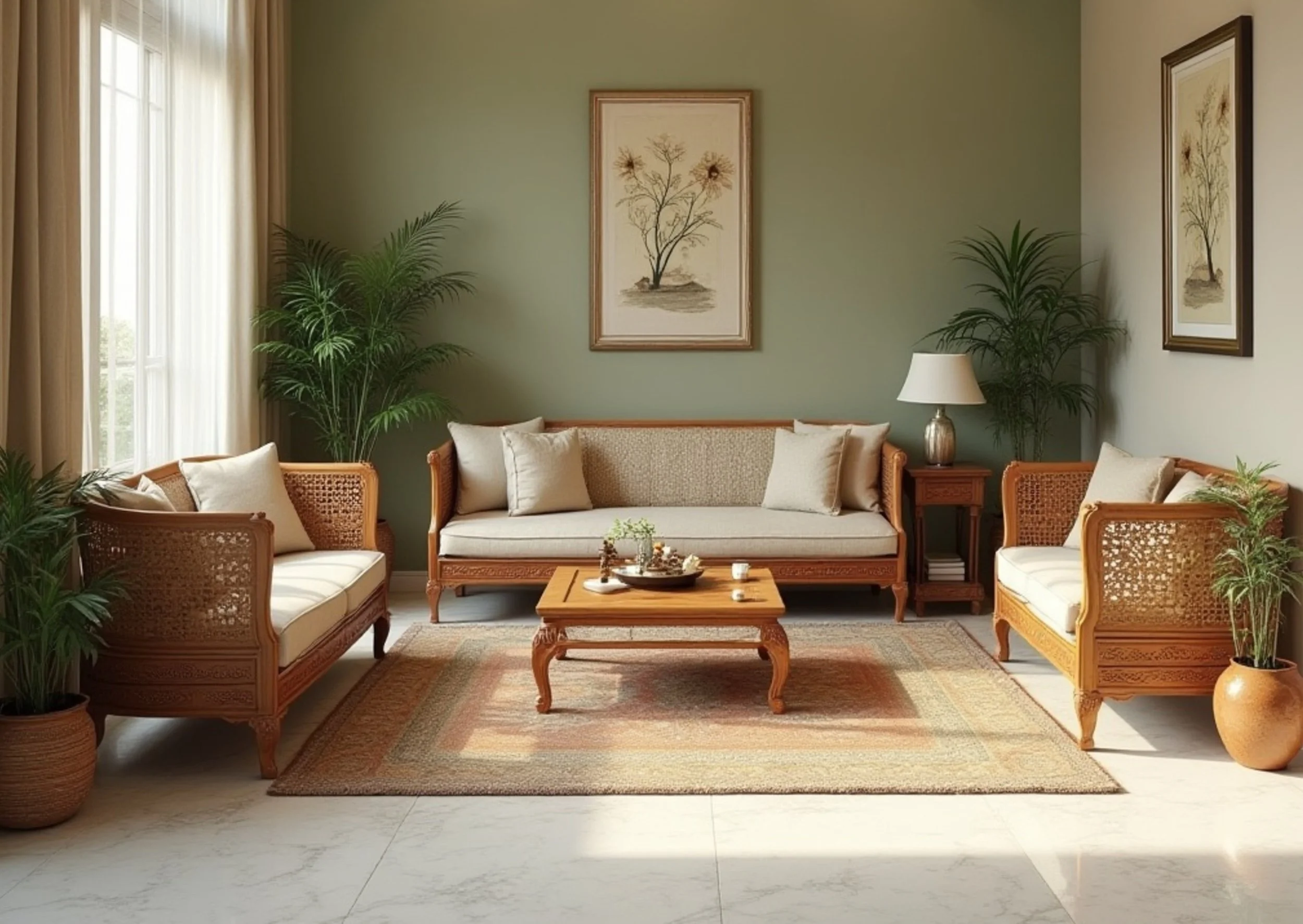 Living room with green wall, beige sofa, two armchairs, coffee table, potted plants, framed botanical artwork, and natural light from window.