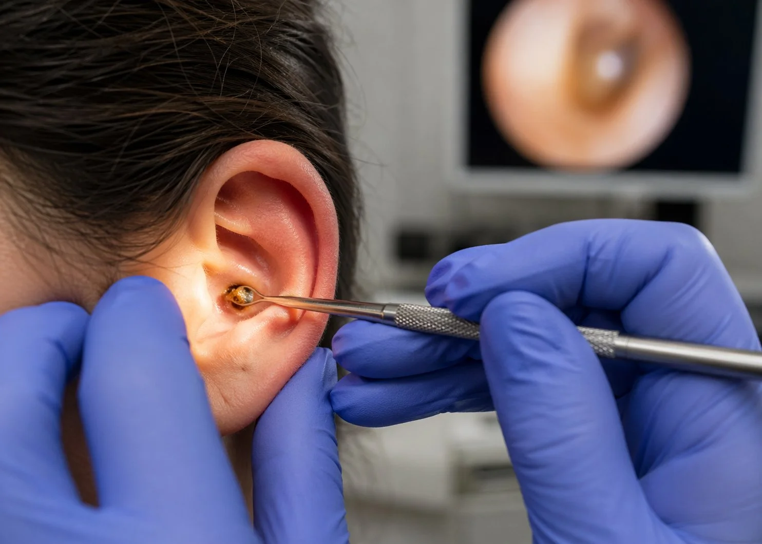 Close-up of a professional ear wax removal practitioner in blue gloves performing manual wax removal on a person's ear with a metal instrument, with an ear canal visible and a monitor showing an ear in the background.
