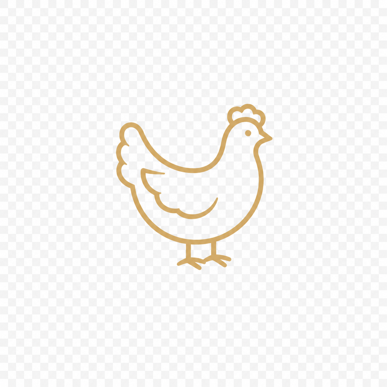 Gold outline drawing of a chicken on a transparent background.