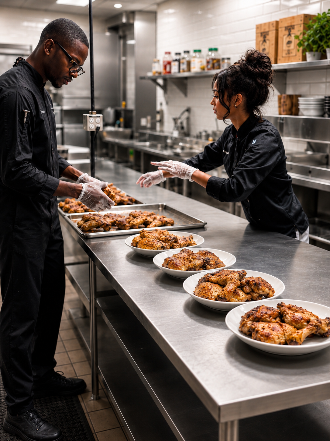 Two chefs in black uniforms and gloves preparing plates of roasted chicken in a commercial kitchen.