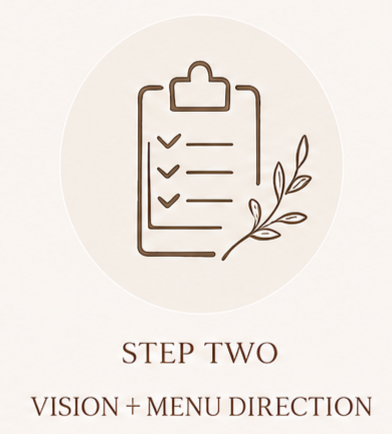 Illustration of a checklist on a clipboard with a branch beside it, labeled 'Step Two Vision + Menu Direction'.