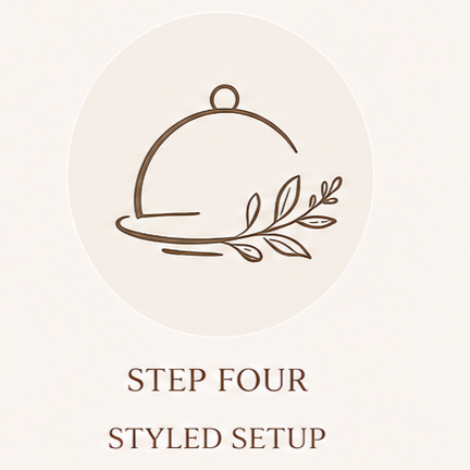 Illustration of a stylized semi-circle with a hanging loop at the top, accompanied by a branch with leaves, and text that reads 'STEP FOUR' and 'STYLED SETUP' underneath.