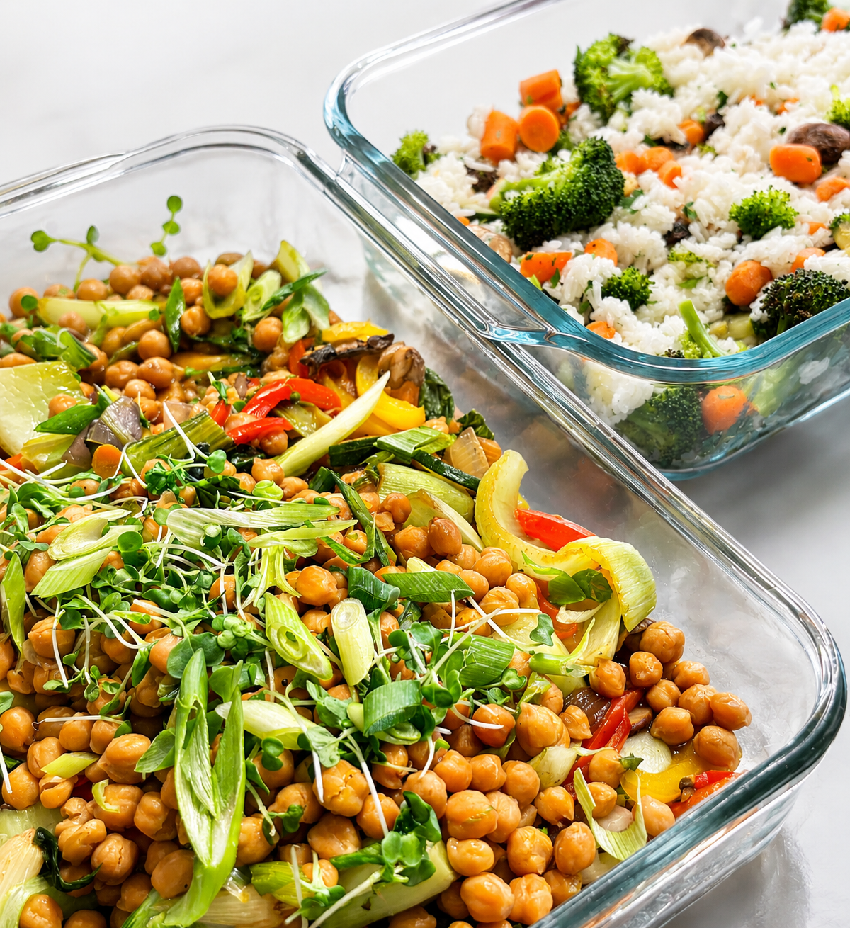 Two glass containers filled with vegetarian dishes; one with chickpea salad with chopped vegetables and green herbs, and the other with cooked rice, broccoli, carrot slices, and other vegetables.