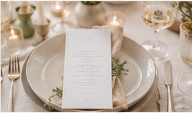 Elegant table setting with a menu card on a white plate, surrounded by wine glasses, candles, and greenery.