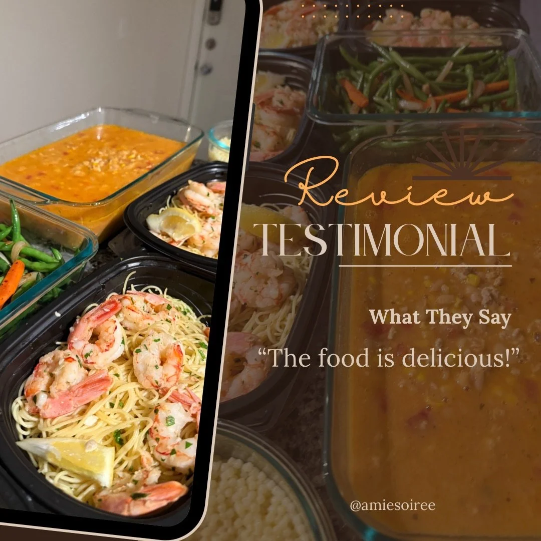 Split screen image with food on the left and text on the right. The food includes shrimp pasta, green beans with carrots, and a tray of soup. The right side has text that reads 'Review TESTIMONIAL' with the quote 'The food is delicious!'