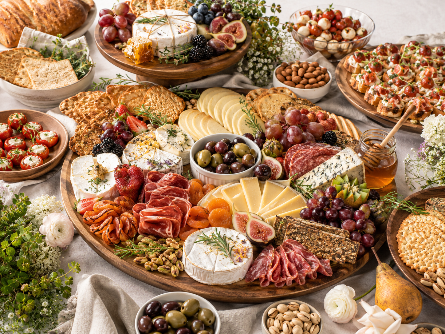 An elaborate cheese and charcuterie platter surrounded by bowls of fruit, nuts, crackers, and small appetizers on a table with flowers.