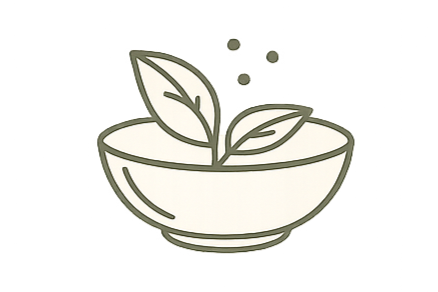 A bowl with a sprouting plant that has two leaves, and small dots indicating growth or seeds.