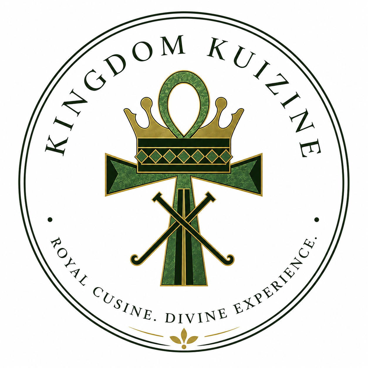 A circular logo with a green and gold crown and sword emblem. The text reads 'KANGDOM KUIZINE' at the top and 'ROYAL CUISINE. DIVINE EXPERIENCE.' at the bottom.
