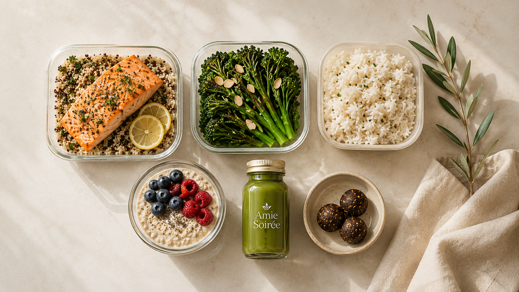 Assorted healthy meal with salmon, broccoli, white rice, tabbouleh, yogurt with berries, green juice, and chocolate truffles on a beige surface with a napkin and branch of olive leaves.