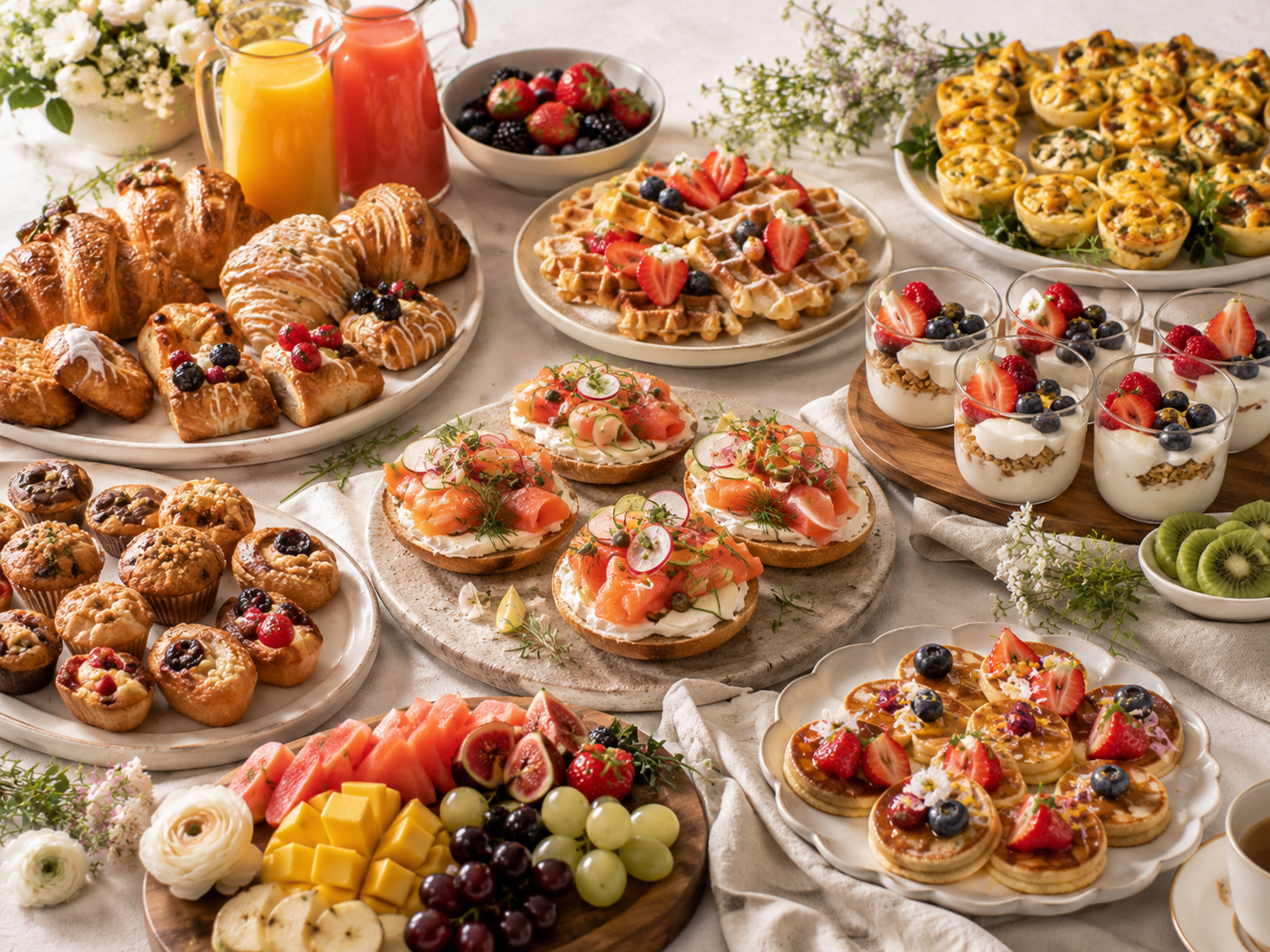 An assortment of breakfast pastries, fresh fruit, yogurt parfaits, and juices on a table for a brunch or breakfast event.