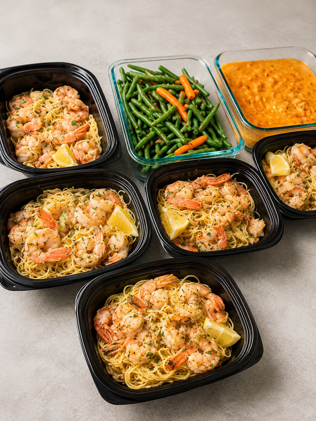Meal prep with shrimp pasta, green beans and carrots, and a baked dish in glass containers.