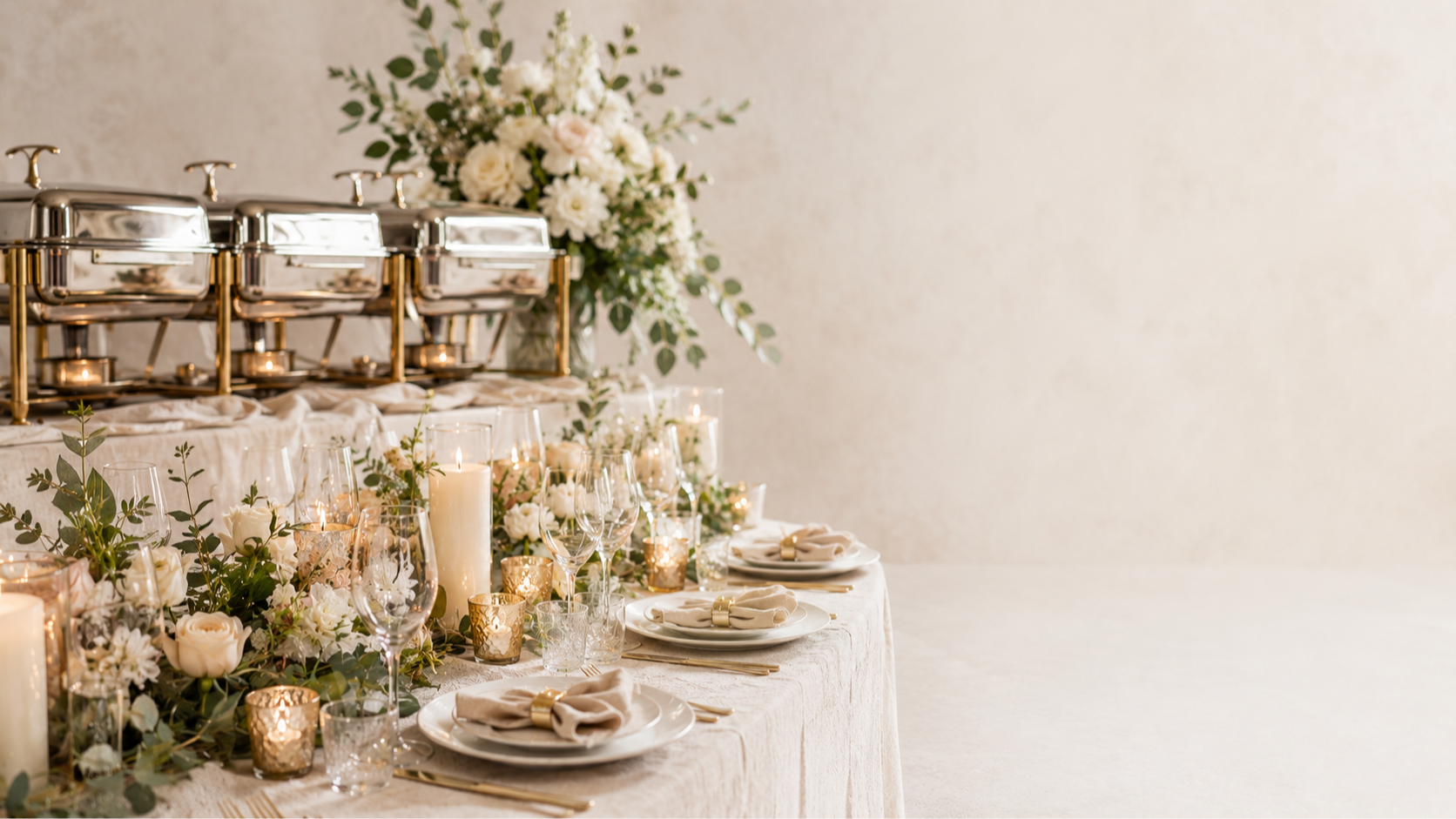 Elegant wedding reception table with white floral centerpieces, candles, gold accents, and chafing dishes on a decorated table against a light, neutral background.