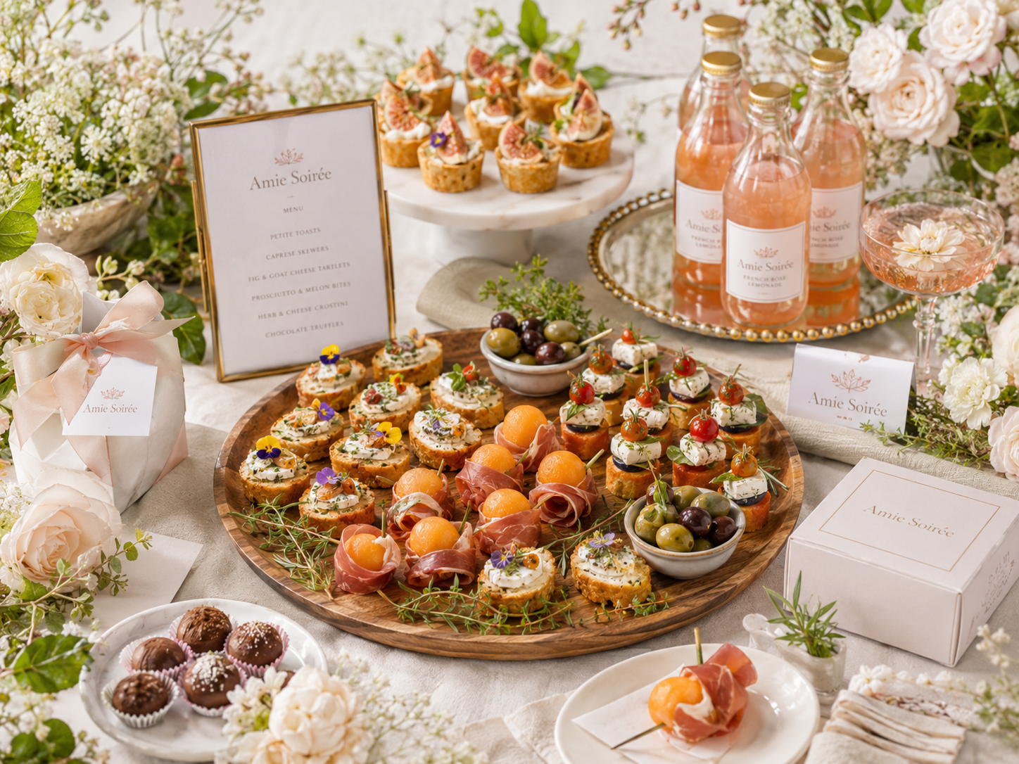 An elegant table setting with an assortment of appetizers, desserts, and drinks. There are small bites on a large wooden tray, bowls of olives, a bottle of pink lemonade, and a glass of pink beverage. The table is decorated with flowers, a menu card, and a gift box.