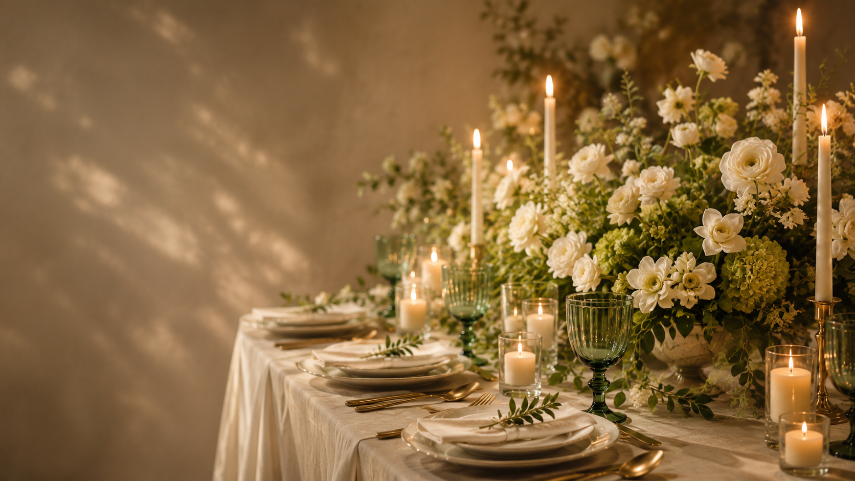 Elegant dining table decorated with white flowers, candles, and green glassware, set for a formal event or celebration.