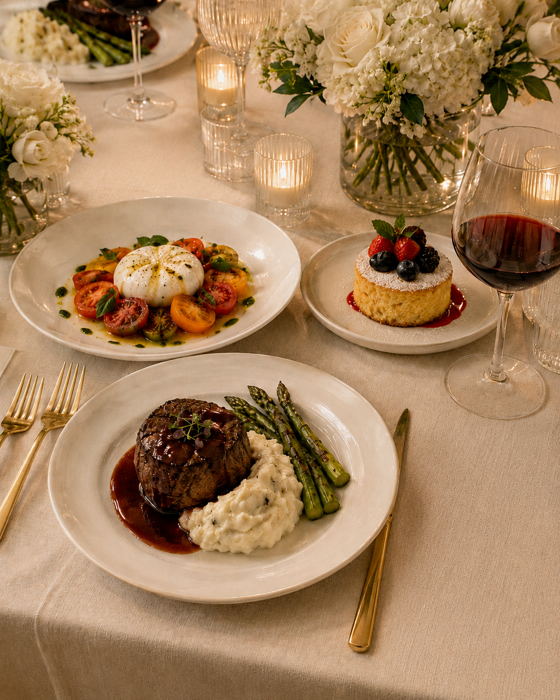 Elegant dining table set with white flowers, lit candles, and three dishes: a tomato and burrata salad, a beef tenderloin with mashed potatoes and asparagus, and a small cake topped with berries, alongside a glass of red wine.
