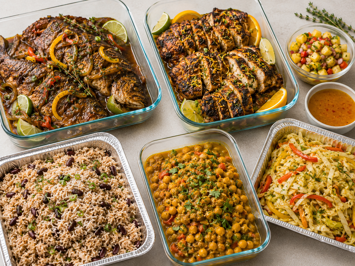 Assorted dishes of grilled chicken, rice and beans, chickpea curry, pasta salad, vegetable salad, and sauces on a table.