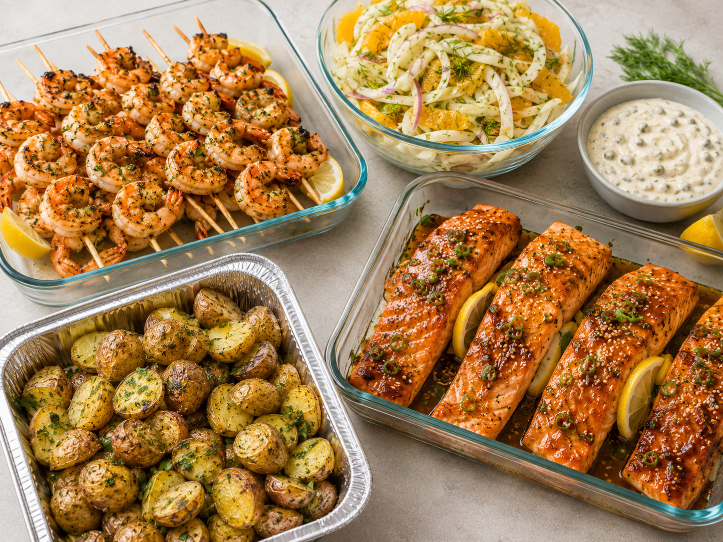 A variety of seafood, vegetables, and side dishes on a table, including grilled shrimp skewers, roasted baby potatoes, baked salmon fillets, coleslaw, and tartar sauce.