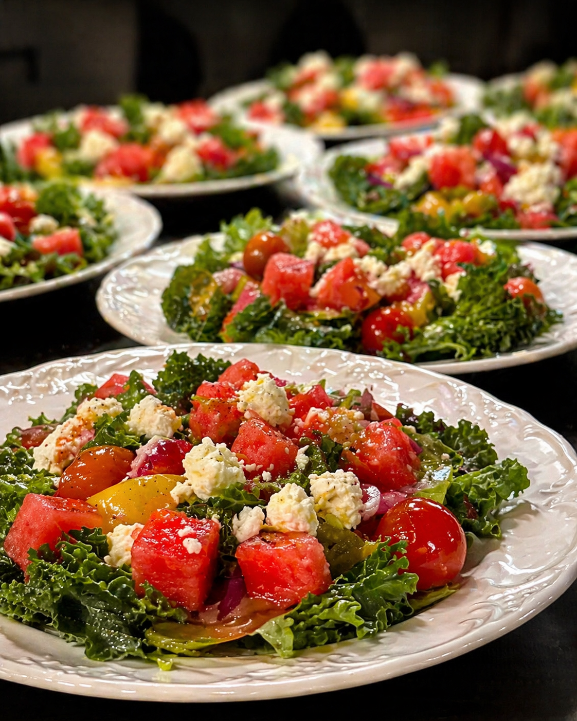 Multiple plates of fresh vegetable salad containing lettuce, tomatoes, watermelon, cheese, and other vegetables.
