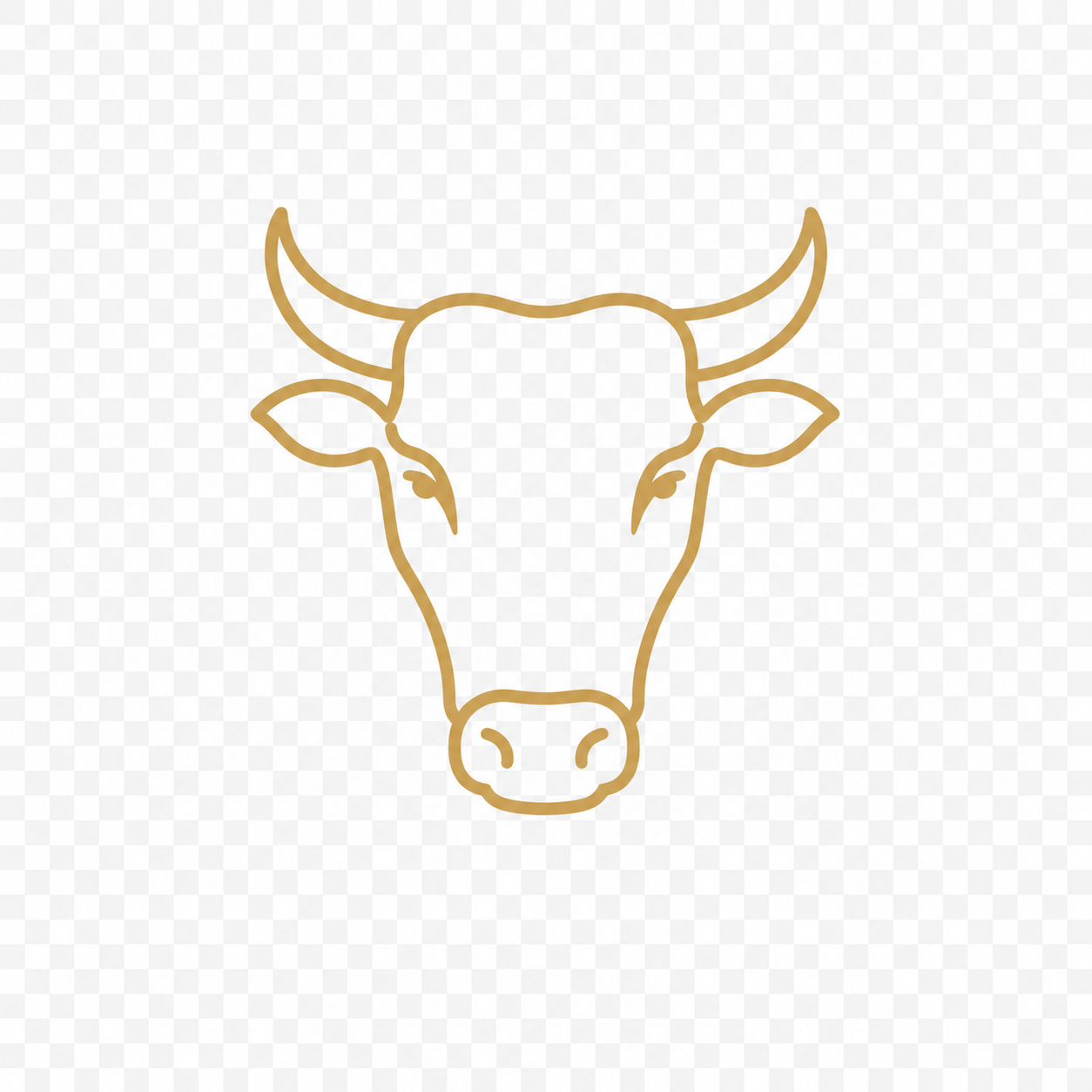 Minimalist digital outline of a cow's head with horns and ears, in a golden-brown color.