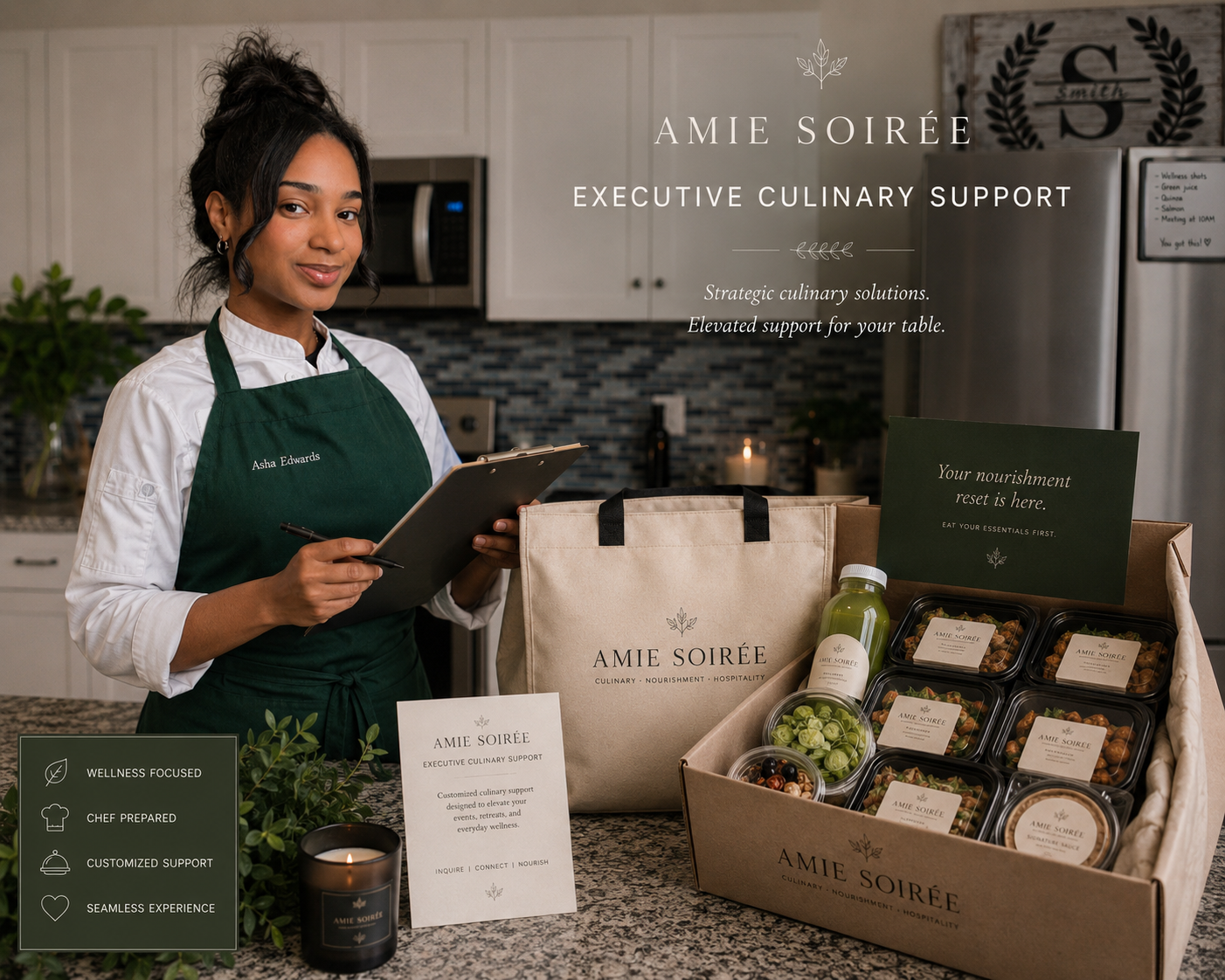 A woman in a white chef's coat and green apron with 'Asha Edwards' on it, smiling and holding a clipboard, standing behind a countertop. On the counter are branded packaging boxes, a small plant, a candle, and a sign that says 'Your nourishment reset is here.' The background includes kitchen appliances and decor. The image promotes Amie Soirée's culinary support services with keywords like wellness, chef preparation, customized support, and seamless experience.